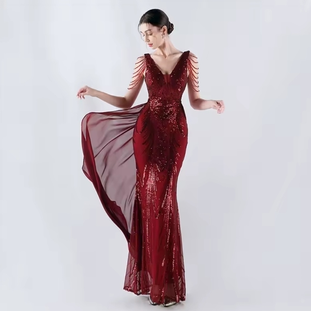 Red Sequin Backless V-Neck Gown